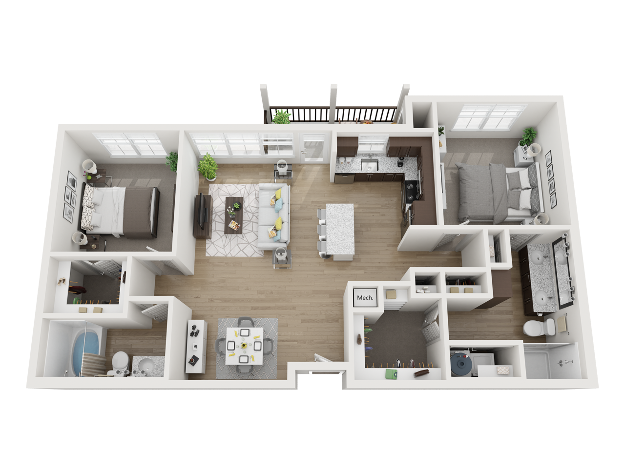 Floor plan for 2 beds, 2 baths, 1104 sqft
